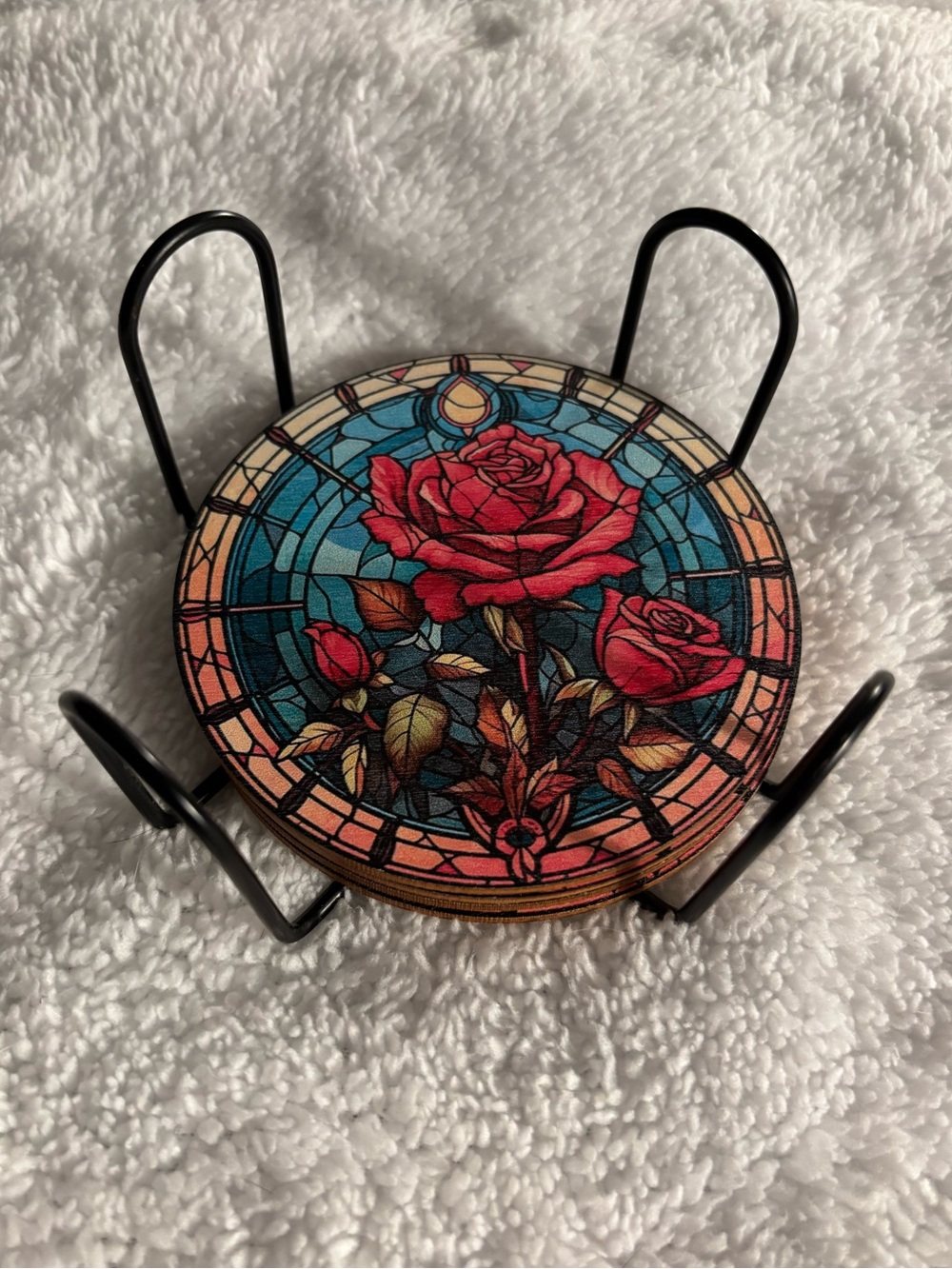 Stained Glass Rose Coasters - Floral Round Set